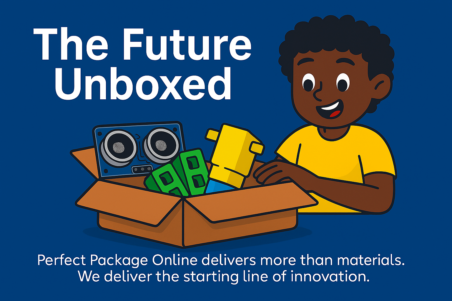 Student opening Perfect Package Online STEM kit with robotics parts and robot mascot symbolizing innovation and the future of learning.