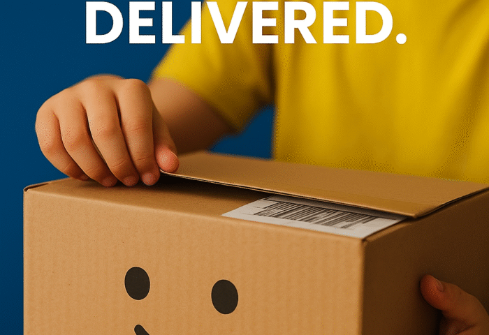 Perfect Package Online delivery box with smiling robot mascot representing confidence, reliability, and class-ready STEM learning kits.
